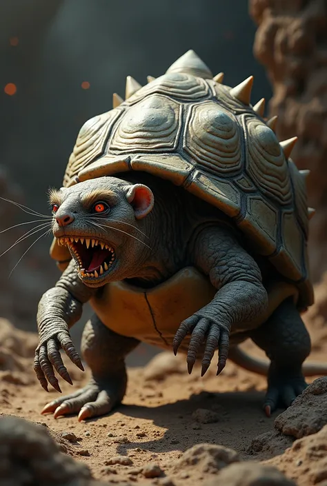 "Create an image of a hybrid creature that combines features of a tortoise and a rat into a single, seamless entity. The creature should have the tough, armored shell of a tortoise, but with the elongated, nimble body and sharp claws of a rat. Its face sho...