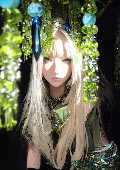 blond woman with long hair wearing a green dress and a headpiece, portrait of kim petras, shikamimi, lalisa manobal, takeyuki kanda, yoshitakka amano karol bak, long white hair and bangs, masami kurumada, with long white hair, blond hair green eyes, belle ...