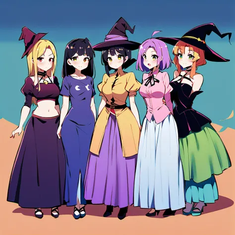 Teen witches series, witchs hat, pop-witchs clothes, girls surrounding, multiple girls, curvy body