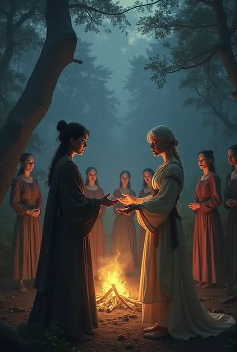  Here are some detailed prompts for MidJourney ,  based on the scene of  **" The Meeting with the Witches "**.  You can choose the one that best fits the vision you have in mind :  

1. ** Forest Clearing Scene **  
   " A young woman with dark hair and a ...