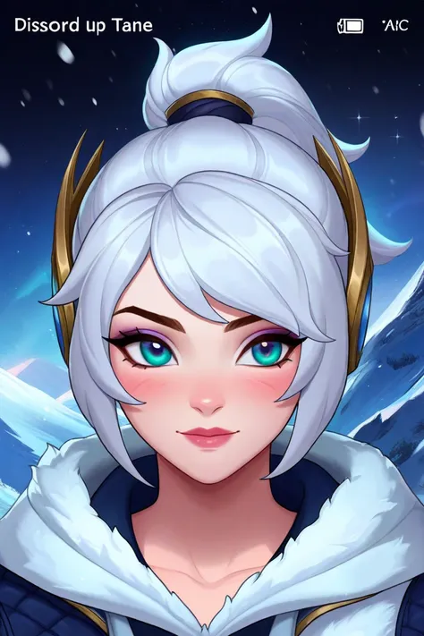 
a close up of a person in a hoodie with a snow mountain in the background, xqc, official fanart, white haired, from league of legends, tane skin, silver hair (ponytail), official art, discord pfp, discord profile picture, official fan art, style league of...