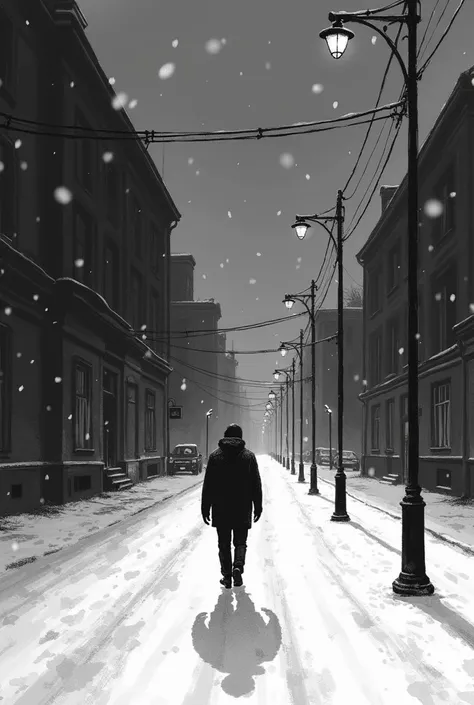 Иллюстрация 3 — Максим на пустынной улице
"A desolate street at dusk, sketched in black and white with minimal detail. The young man walks alone, his figure small against the empty, snow-covered road. The streetlights cast long, exaggerated shadows, and fa...