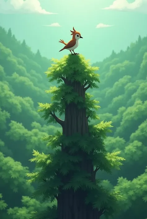 The small bird gazing at the vast green forest below from the top of a tree, with a peaceful and serene ambiance. Goraiya
