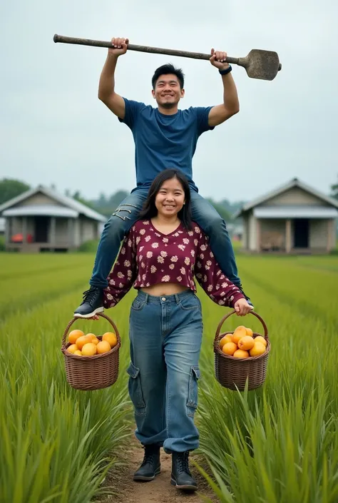 An Indonesian girl is wearing maroon floral long sleeved crop top, loose cargo jeans, and black boots. The girl has a huge and muscular figure. The girl is walking on a wild grass ground while carrying two baskets by each hand. Each basket is fulfilled wit...