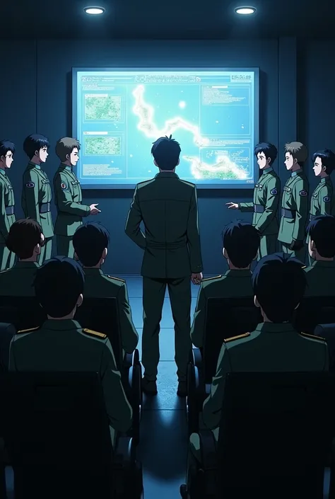 Anime style Soldiers looking at a mission in a screen on a wall by their captain, in a dark room