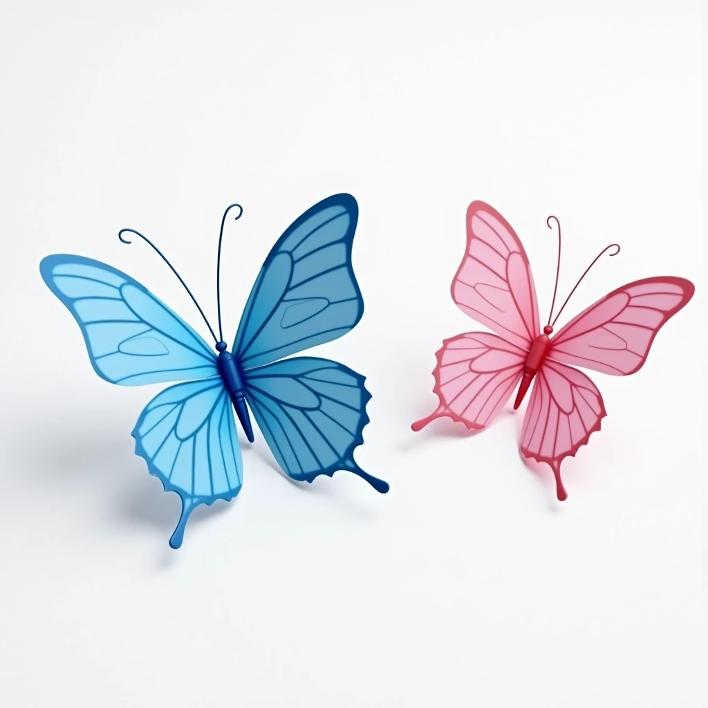  Create an image of 2 butterflies , one all sky blue ,  and another in different shades of pink.  Porfis minimalist style , But not so realistic ,  just that they are pretty and not very realistic,  that both are the same size  