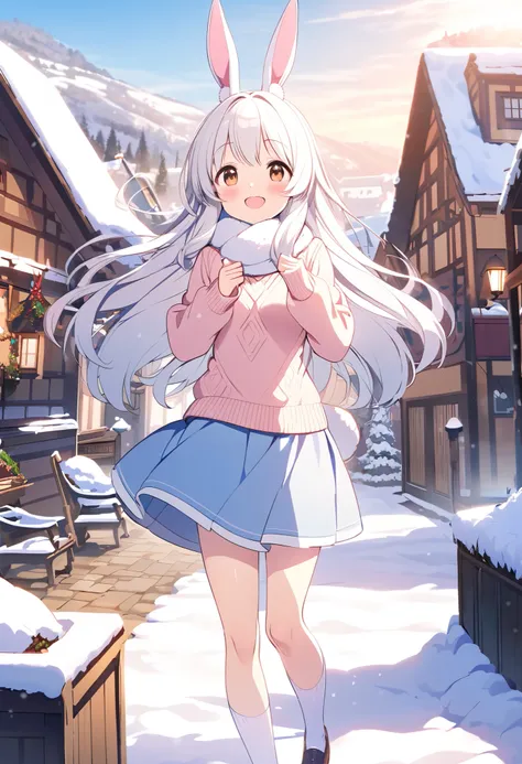 top quality 、round face、 slender body、 small breasts、 rabbit ears and tail 、 long hair、Shiny white hair 、 brown eyes、 light pink sweater 、 light blue skirt、 holding white socks 、 smile、blush、 raise both hands 、Village with a snowy landscape