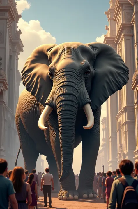 Make me a picture of an elephant standing next to a very big building and people looking at it. Make it in TikTok size. 