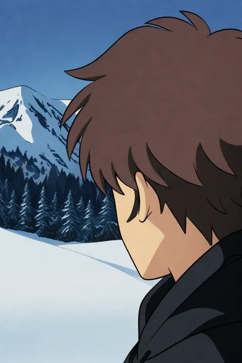 a close up of a person in a  black hoodie with a snow mountain in the background, xqc, ,brown haired, from tane skin, brown hair  🌲🌌, trigger anime artstyle, lunar themed attire