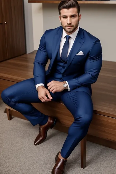 A handsome man wearing a suit has a muscle body, big bulge, sitting spreading legs 