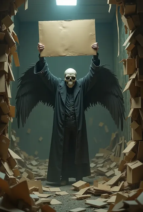 A man with a winged skull carrying cardboard raised over his head with a background of a lot of old cardboard splattered in a room full of stuff 