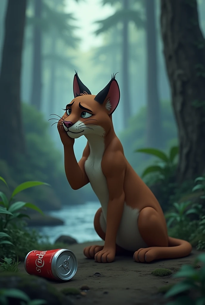 ANIMATED PUMA WITH HER PAW IN HER EYE HURT SAD IN THE WOODS NEXT TO AN EMPTY DENTED SODA CAN NEAR A RIVER