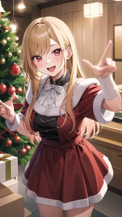 masterpiece, best quality, highres, kitagawa marin, girl, blonde hair, long hair, multicolored hair, red eyes, jewelry, earrings, piercing, merry christmas Dress, standing, smile, open mouth,