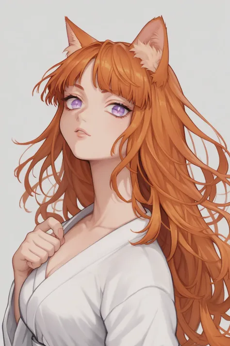 score_9, score_8_up, score_7_up, high resolution, 1girl, looking at viewer, beautiful face, detailed pupils, orange hair, long hair, fringed bangs, light purple eyes, breasts, orange cat ears, orange cat tail, karate gi 