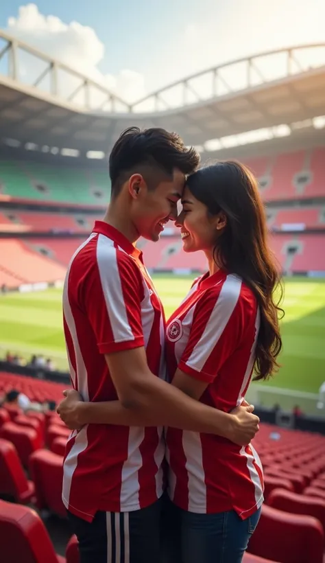 A couple of lovers wearing Indonesian national football team shirts are in the stadium gelora bung Karno, their faces smiling looking at the camera, realistic image