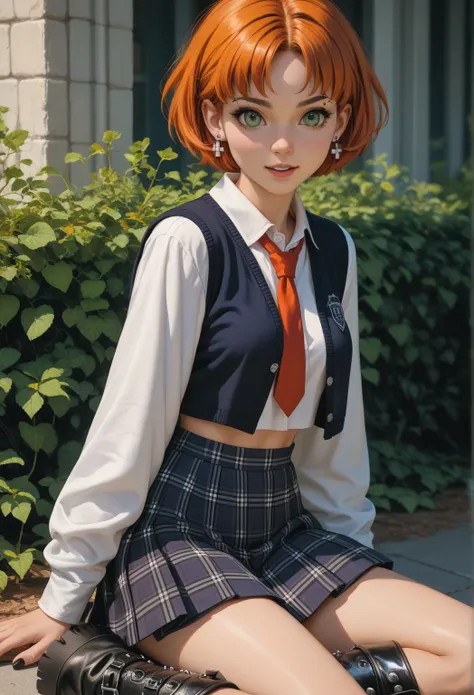 Cute teen, orange hair, short hair, bobcut hairstyle, parted bangs, eyebrow piercing, cute face, innocent face, green eyes, multiple earrings, goth style, punk style, slender teen, medium breasts, school uniform, tartan skirt, punk boots