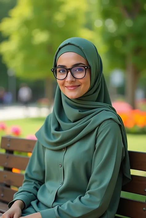 "A highly realistic portrait of a Muslim woman wearing a sage green purdah and glasses, sitting on a wooden bench in a park. Her face glows under natural sunlight, with fine details on her skin, fabric texture of the purdah, and a soft smile showing warmth...