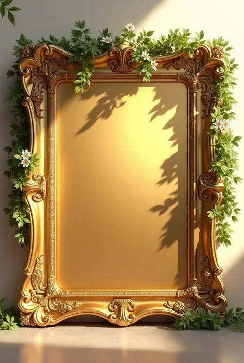 create a realistic golden picture wrapped in corners by garlands