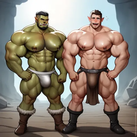 best quality, masterpiece, extremely detailed, muscular bodybuilder man turning into a dumb hyper muscular orc, rugged windswept hair, sweaty, glistening skin, wearing a crystal, sexy jockstrap, bara, tribal clothing, in a forest with other men also turnin...