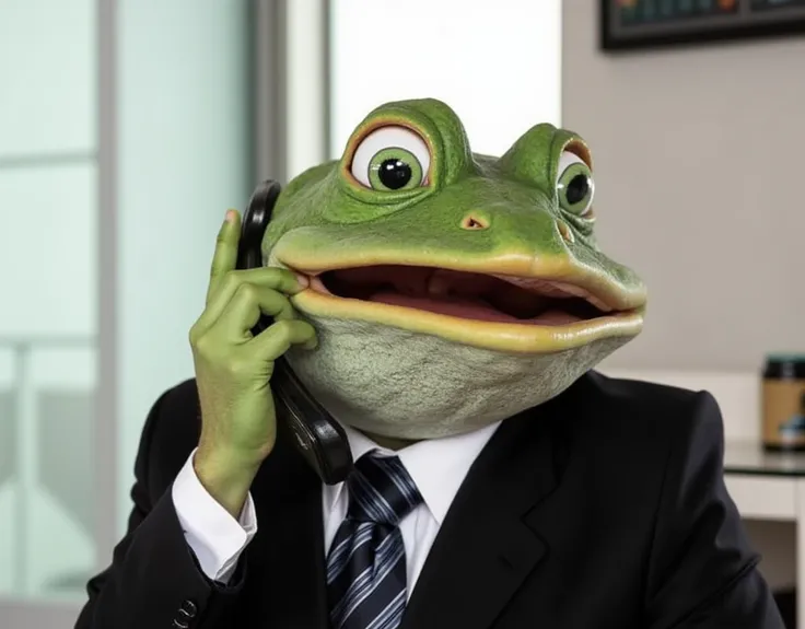 adrianm, (adrianm:1.5) as a frog, (frog0.5), adrianm as a frog, green skin, (green skin:1), wearing a suit at a office in a phone call, (phone call:1.5), looking the camera with a neutral expression, smiling, natural lighting, at the office, (office:1.5),