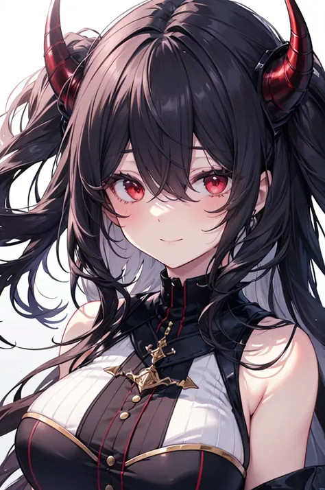 Masterpiece, ((1 girl)), ((Best Quality)), (Ultra-detailed), Highly detailed, (Portrait), ((Big breasts)), ((Hair Over Eyes, One-eyed Long Hair, Black hair, Red eyes, Demon Horns)), ((30-years-old, Mature women)), ((White Skin)), ((Black Adventurer Outfit,...