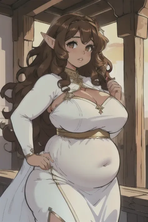 (Best quality), (high resolution), (detailed), 1woman, sketch, cute face, (thick lips), (curvy), (elf girl), (curly brown hair), (brown hair), (curly hair:1.3), (thick lips:1.2), (curly long hair), (big belly), (white dress), (tanned skin:1.2), (arab girl:...