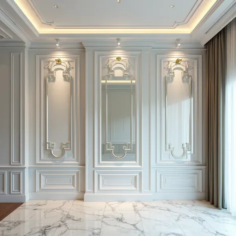 Beveled glass 3D walls featuring interconnected small square designs serve as a focal point, adding elegant elements and subtle depth. The minimalist drop ceiling crafted from gypsum enhances the luxurious dimension and aesthetics. The 3D beveled glass, me...