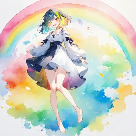 ((pastel、  Watercolor Style  ))、1 female,Full body painting, black off shoulder dress, Volume Sleeves ,smile ,green and Blue ((streaked hair)), highlights hair ,diagonal,  rainbow heterochromia,(( yellow eyes)),(( detailed eyes)) ,Laughter,piece, happy,  M...