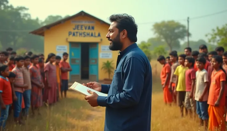 A vibrant scene in a small town. In an open field, Vinayak stands among ren and young adults. He is wearing a dark blue kurta, holding a book in one hand and speaking passionately. The ren and youth are looking at him with admiration and excitement. In the...