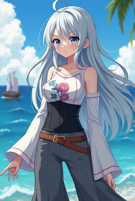  Create me a girl in the style of Eiichirō Oda specifically like those in the 19-year-old One Piece manga,  of layered white hair ,  blue eyes,  white skin ,  you have a mole under the left eye ,  she is dressed in a long maga t-shirt with white flared sle...