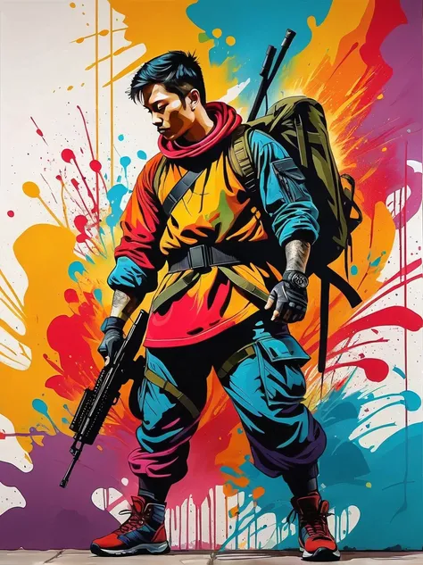 masterpiece,  Best Quality ,  color ink painting , 男性contour，armed combatants，combat tights，Dynamic姿势，contour，Graffiti splashes， bold colors ，Dynamic， colorful，Abstract Painting，A closer look，Like a person ，artwork， Mystery，design， color ink painting