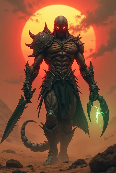 A terrifying scorpion-human hybrid warrior emerging from a desert wasteland at dusk. The creature has the upper body of a muscular human with glowing red eyes, segmented chitinous skin, and long, serrated claws for hands. Its lower body transitions into th...