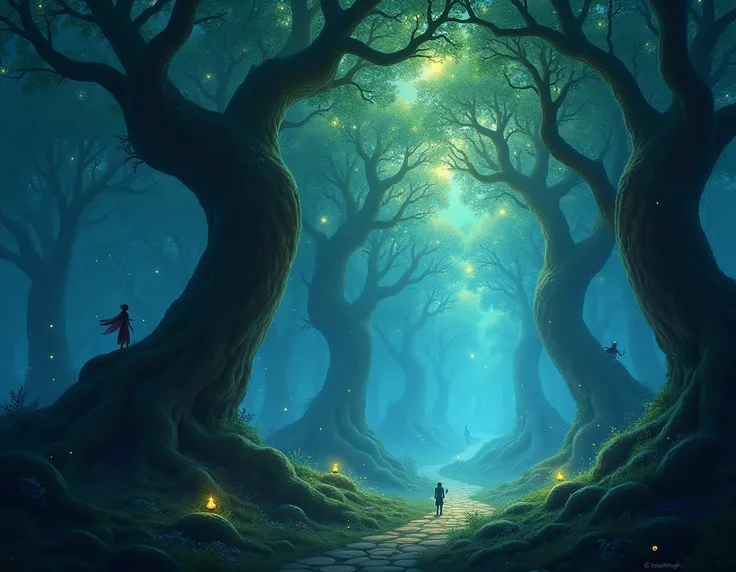 an enchanted forest where the trees have leaves of light and mystical creatures lurk in the shadows