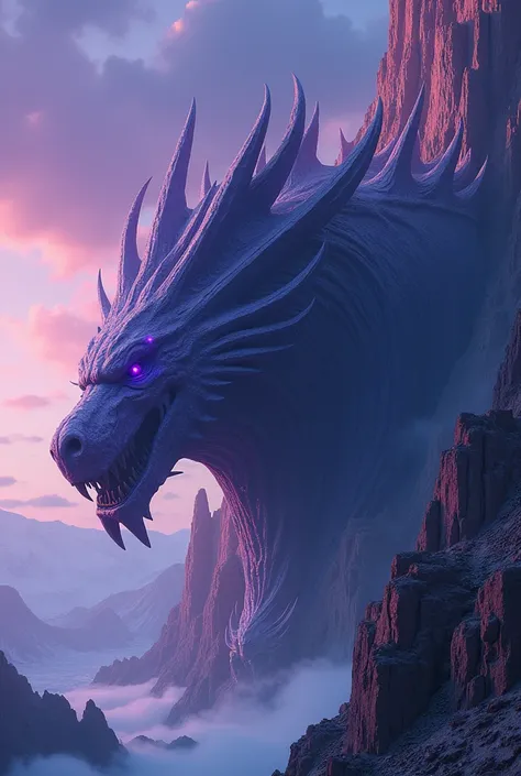 Wide shot of the mountain under the violet and blue sky, with The Forge of Eldara carved into its side. The colossal statues of eldritch Close-up of one of the beast statues, its many eyes seemingly shifting