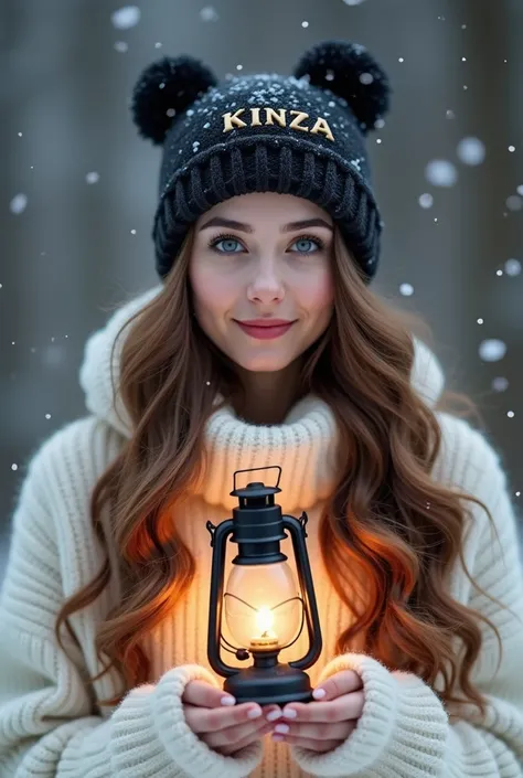 "A winter-themed portrait featuring a young woman outdoors, radiating a serene and warm vibe. She is dressed in a cozy white sweater and a matching black beanie with KINZA embroidered on it, adorned with two pom-poms. Her long, wavy brown hair cascades ove...