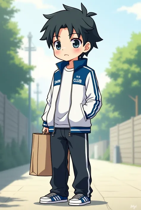 anime,cartoon,Boy, teenage boy 1,, put on a white-blue striped swim club jacket. , hair tied in white shirt,Long black pants, sneakers ,Hold a light brown paper bag  ,Chibi drawing