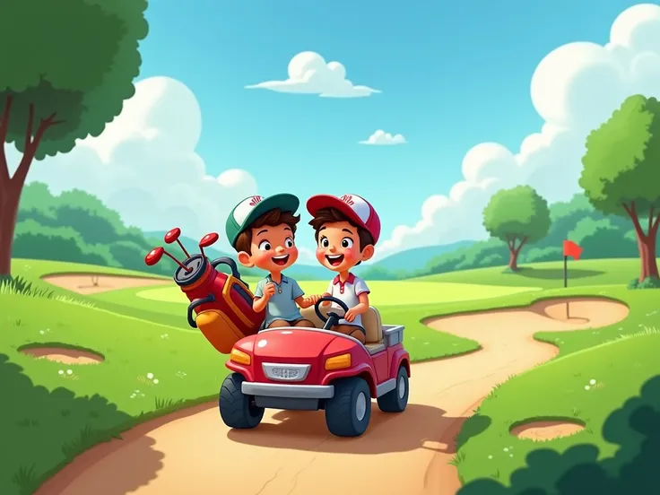 In Disney-style animation, two cheerful ren are driving a whimsical golf cart on a scenic golf course path. The cart has two colorful golf bags attached to the back. The setting features lush, vividly green grass, cartoonish sand bunkers, and a playful fla...