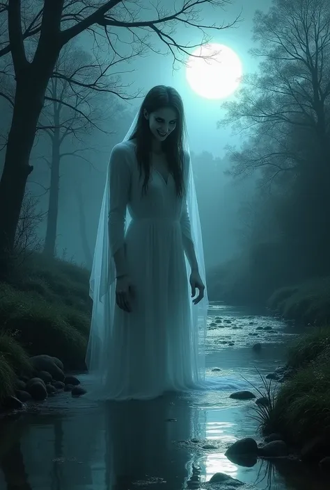 " The ghostly figure of a woman with a sinister smile, standing by the stream on a full moon ."