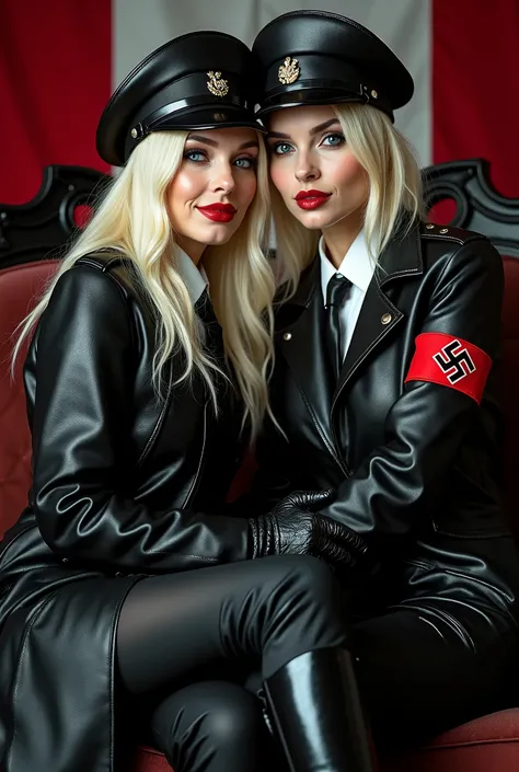 Two old evil blue-eyes bleach-blonde 50-years-old aryan women with evil badass expression, bimbo lips, sitting on black gothic leather thrones, wearing black leather wwII nazi military hat, black very long shiny real leather trench coat, long shiny real le...