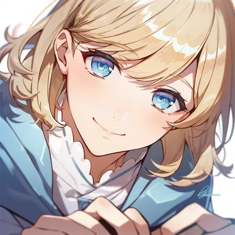 1girl, pretty, cute, blonde hair, medium hair, bangs, light blue eyes, white skin, cute outfit, smile, manhwa