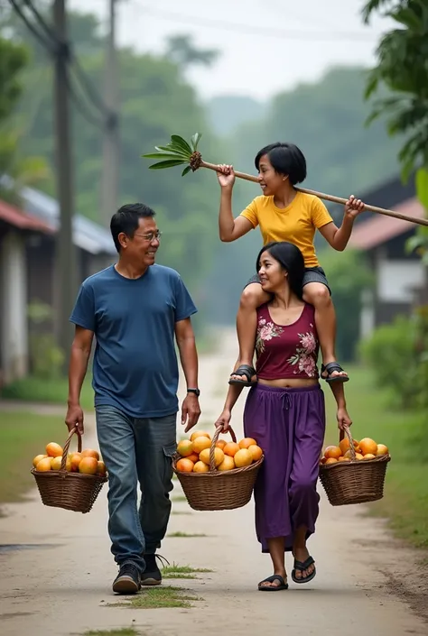 An Indonesian girl is wearing maroon floral long sleeved crop top, loose cargo jeans, and black boots. The girl has a huge and muscular figure. The girl is walking on a footpath while carrying two baskets by each hand. Each basket is fulfilled with mangoes...