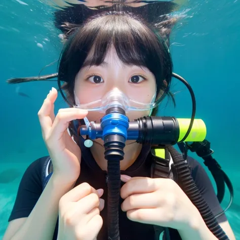 Japanese elementary school girl holding a regulator mouthpiece while practicing scuba breathing underwater in a diving pool without wearing a mask