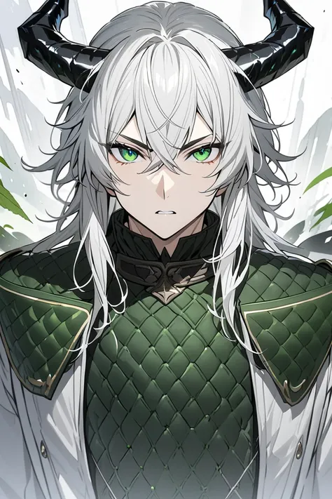 greate quality,high quality,masterpiece,1 boy,white hair,green eyes,black horn,cowboy shot