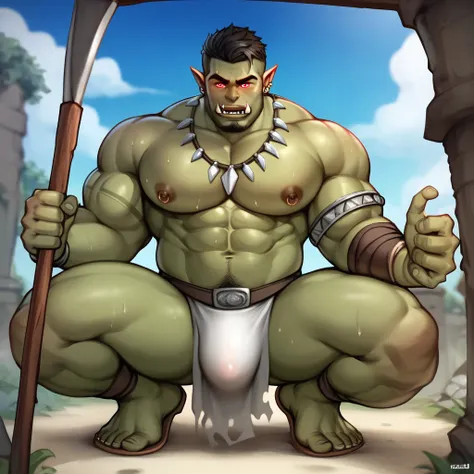 best quality, masterpiece, extremely detailed, muscular bodybuilder man turning into a dumb hyper muscular orc, rugged windswept hair, sweaty, glistening green skin, wearing a crystal, sexy jockstrap, bara, tribal clothing, in a forest clearing at night un...