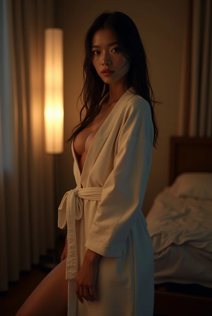 best quality，8K, Japanese woman, 28 year old woman，Lips are small and thick，Chest circumference 86cm，waist 59cm，hips 86cm，Hair is wet after bathing，Beautiful legs, Beautiful buttocks, no underwear，wearing a bathrobe，Her shoulders are slightly visible throu...