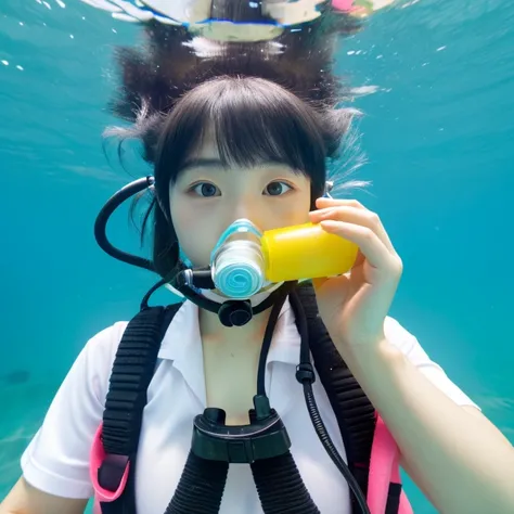 Japanese elementary school girl holding a regulator mouthpiece while practicing scuba breathing underwater in a diving pool without wearing a mask