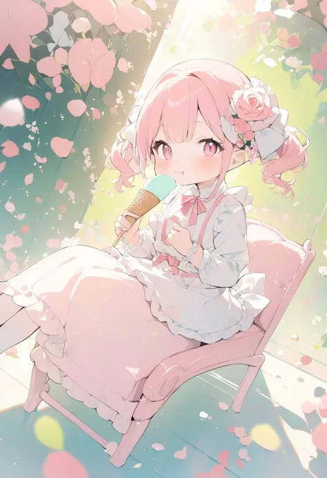  1 girl、 Sitting on a chair、Eating vanilla ice cream  (( pink roses are displayed))