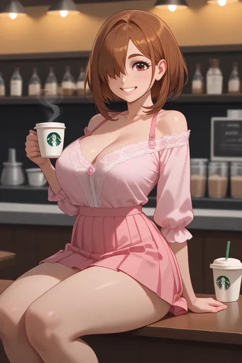 uraraka, long hair ,(   hair covers one eye   ). Sensual, smile,  long hair  ,  BIG BREASTS, beautiful legs, thick thighs,((( Chic pink silk blouse with thin straps ))), Short pleated skirt  , smile,Alone,perfect anatomy . full legs.  Sit elegantly in a ch...