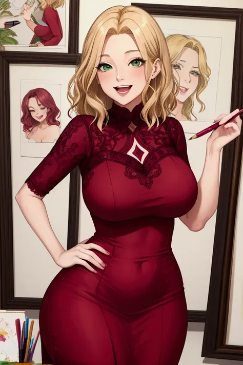  woman alone in the photo ,  just one person in the image , burgundy dress ,  drawing with colored pencils, Painting a picture,  mature woman, milf, blonde, medium hair,  green eyes, sexy look, sorlaughing,  smiling, laughing, happy, happy, thin,  curvy hi...