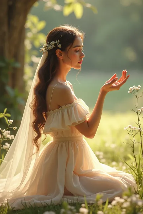 Woman on one knee and holding one hand towards camera in a nice gesture